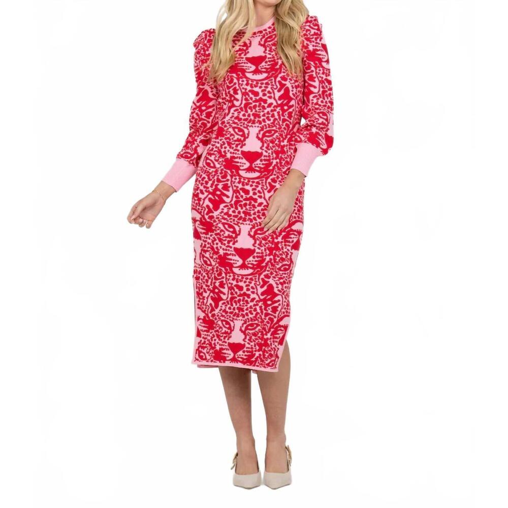 Emily McCarthy Pink Leopard-Print Long Sleeve Midi Dress